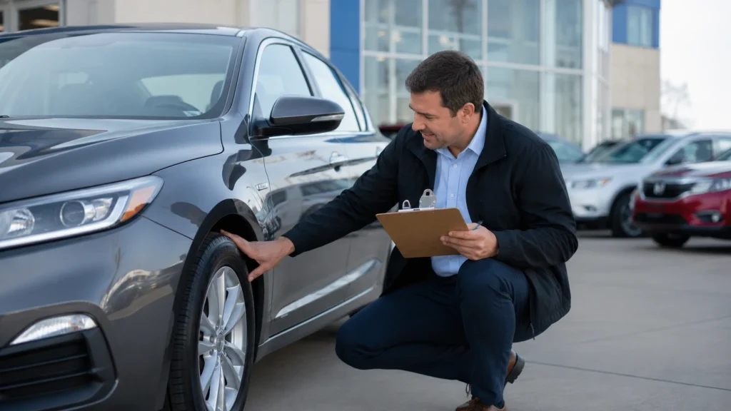 A dealership consultant inspecting a car's exterior before finalizing a sale offer
