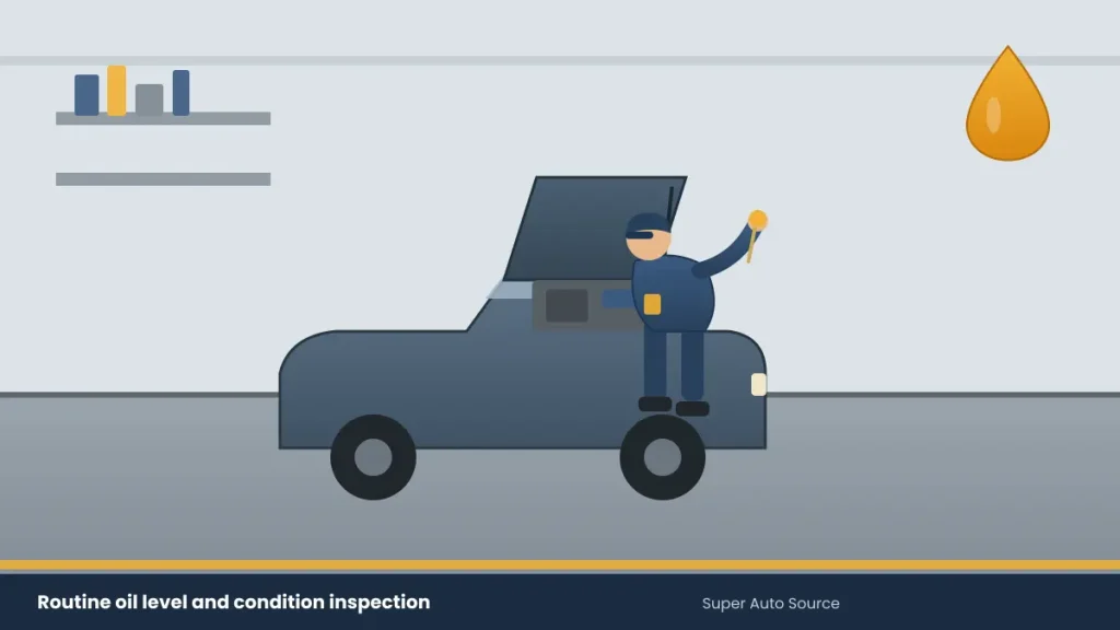 A mechanic checking engine oil level and condition during a routine inspection