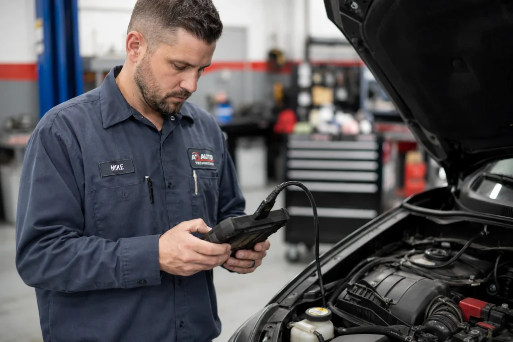 A mechanic performing a pre-sale inspection to confirm a vehicle's true condition